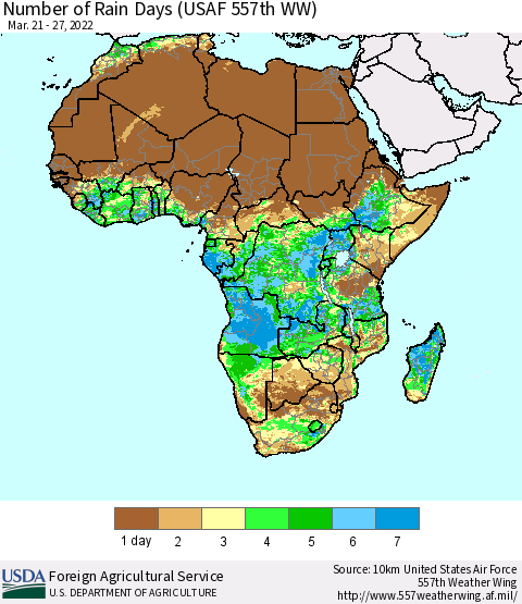 Africa Number of Rain Days (USAF 557th WW) Thematic Map For 3/21/2022 - 3/27/2022