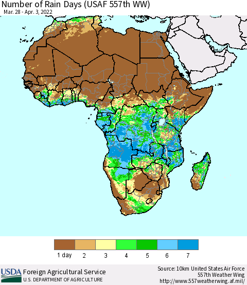 Africa Number of Rain Days (USAF 557th WW) Thematic Map For 3/28/2022 - 4/3/2022
