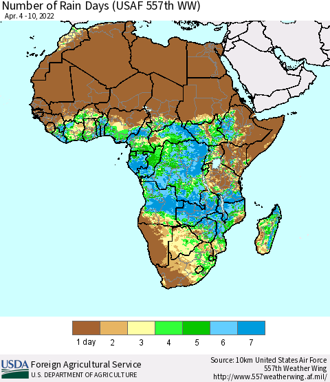 Africa Number of Rain Days (USAF 557th WW) Thematic Map For 4/4/2022 - 4/10/2022