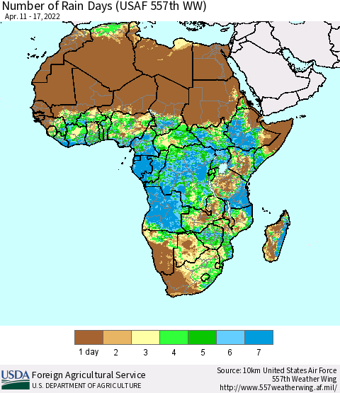 Africa Number of Rain Days (USAF 557th WW) Thematic Map For 4/11/2022 - 4/17/2022