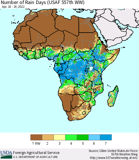 Africa Number of Rain Days (USAF 557th WW) Thematic Map For 4/18/2022 - 4/24/2022
