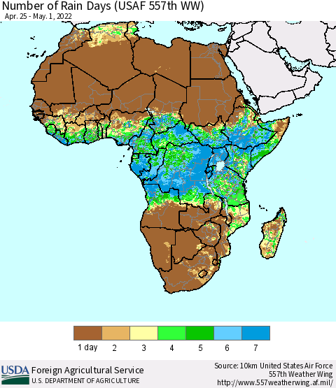 Africa Number of Rain Days (USAF 557th WW) Thematic Map For 4/25/2022 - 5/1/2022