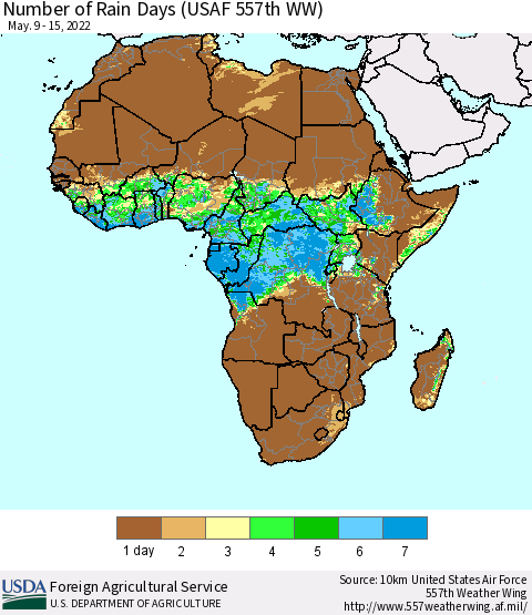 Africa Number of Rain Days (USAF 557th WW) Thematic Map For 5/9/2022 - 5/15/2022