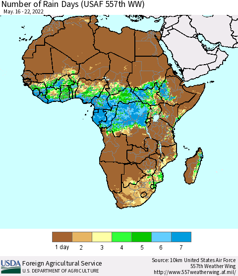Africa Number of Rain Days (USAF 557th WW) Thematic Map For 5/16/2022 - 5/22/2022