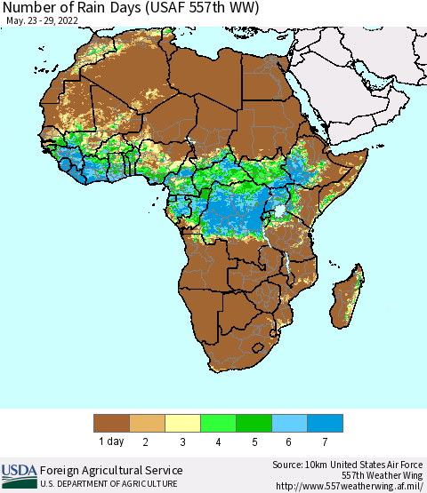 Africa Number of Rain Days (USAF 557th WW) Thematic Map For 5/23/2022 - 5/29/2022