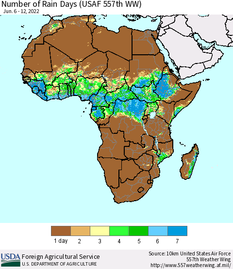 Africa Number of Rain Days (USAF 557th WW) Thematic Map For 6/6/2022 - 6/12/2022