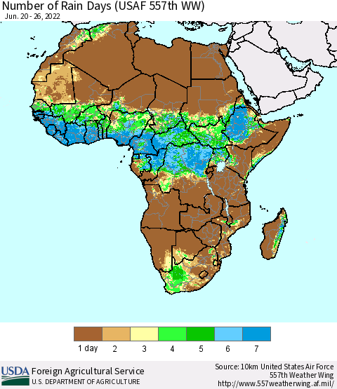 Africa Number of Rain Days (USAF 557th WW) Thematic Map For 6/20/2022 - 6/26/2022