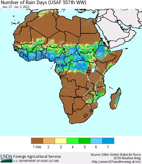 Africa Number of Rain Days (USAF 557th WW) Thematic Map For 6/27/2022 - 7/3/2022