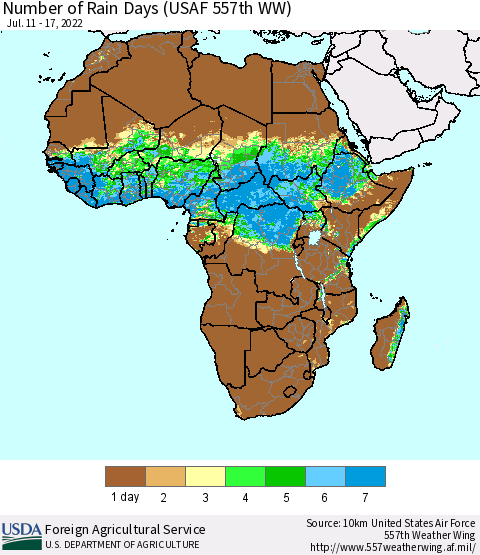 Africa Number of Rain Days (USAF 557th WW) Thematic Map For 7/11/2022 - 7/17/2022