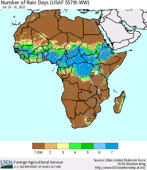 Africa Number of Rain Days (USAF 557th WW) Thematic Map For 7/25/2022 - 7/31/2022