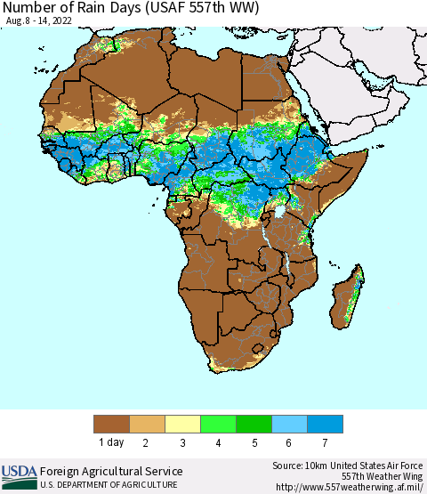 Africa Number of Rain Days (USAF 557th WW) Thematic Map For 8/8/2022 - 8/14/2022