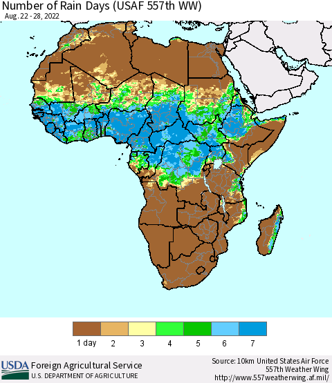 Africa Number of Rain Days (USAF 557th WW) Thematic Map For 8/22/2022 - 8/28/2022