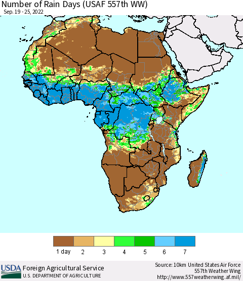 Africa Number of Rain Days (USAF 557th WW) Thematic Map For 9/19/2022 - 9/25/2022