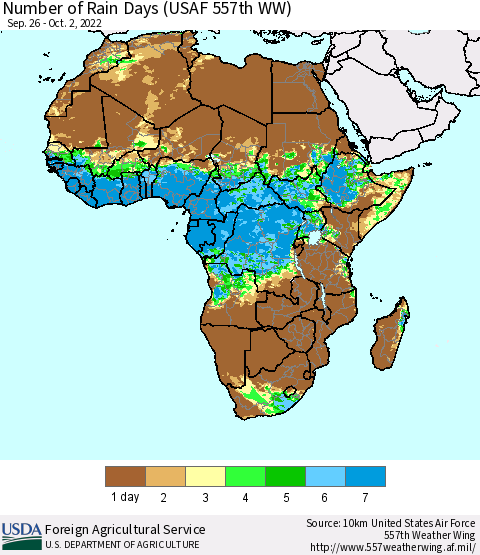Africa Number of Rain Days (USAF 557th WW) Thematic Map For 9/26/2022 - 10/2/2022