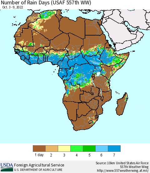 Africa Number of Rain Days (USAF 557th WW) Thematic Map For 10/3/2022 - 10/9/2022