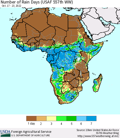 Africa Number of Rain Days (USAF 557th WW) Thematic Map For 10/17/2022 - 10/23/2022