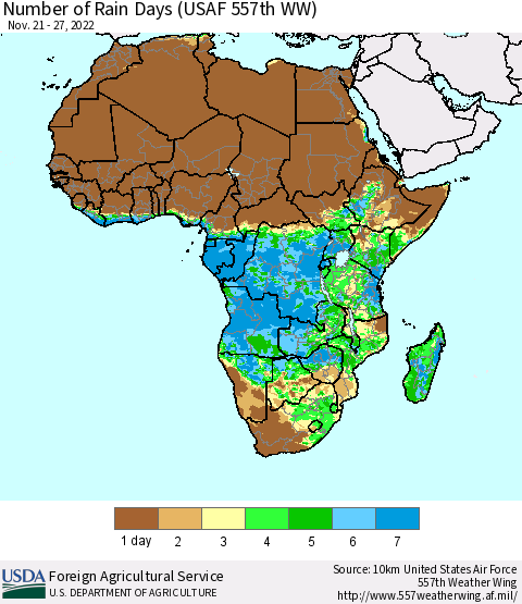 Africa Number of Rain Days (USAF 557th WW) Thematic Map For 11/21/2022 - 11/27/2022