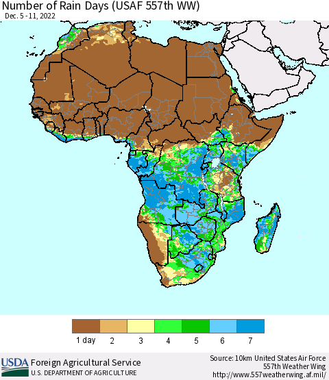 Africa Number of Rain Days (USAF 557th WW) Thematic Map For 12/5/2022 - 12/11/2022