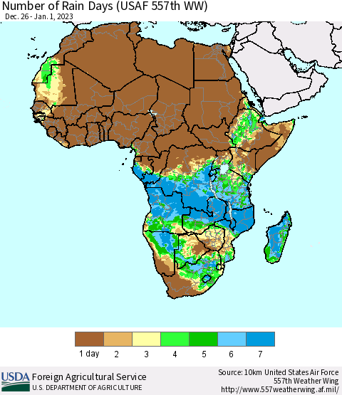 Africa Number of Rain Days (USAF 557th WW) Thematic Map For 12/26/2022 - 1/1/2023