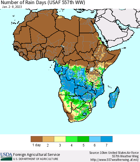 Africa Number of Rain Days (USAF 557th WW) Thematic Map For 1/2/2023 - 1/8/2023