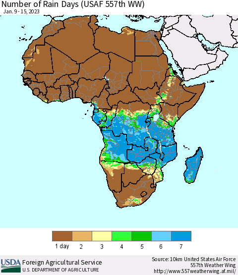 Africa Number of Rain Days (USAF 557th WW) Thematic Map For 1/9/2023 - 1/15/2023