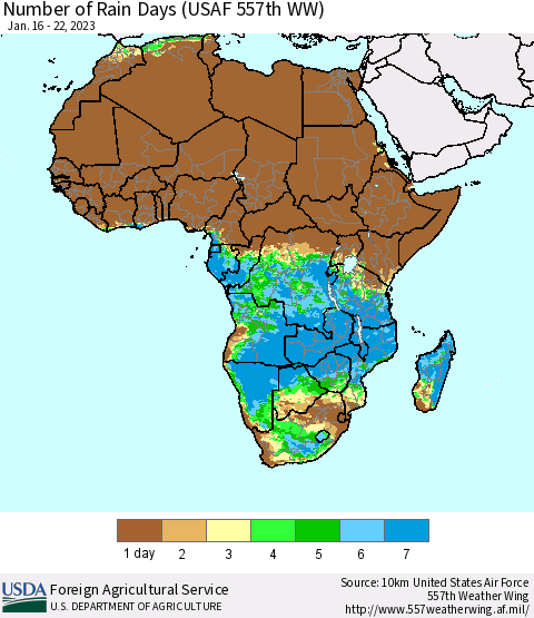 Africa Number of Rain Days (USAF 557th WW) Thematic Map For 1/16/2023 - 1/22/2023