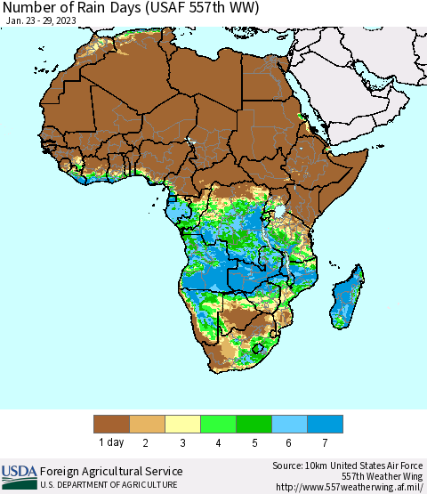 Africa Number of Rain Days (USAF 557th WW) Thematic Map For 1/23/2023 - 1/29/2023