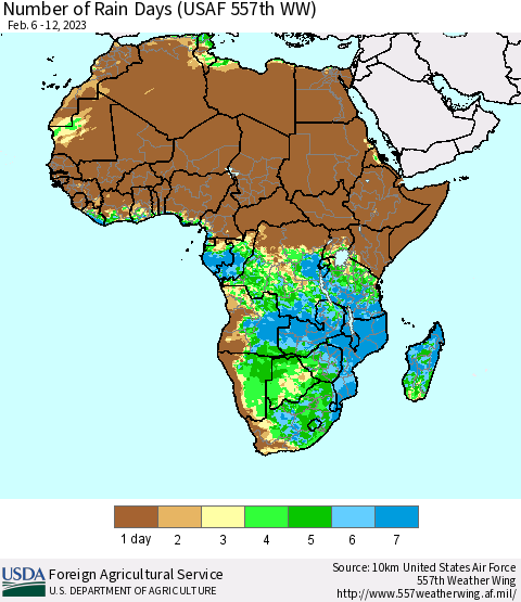 Africa Number of Rain Days (USAF 557th WW) Thematic Map For 2/6/2023 - 2/12/2023