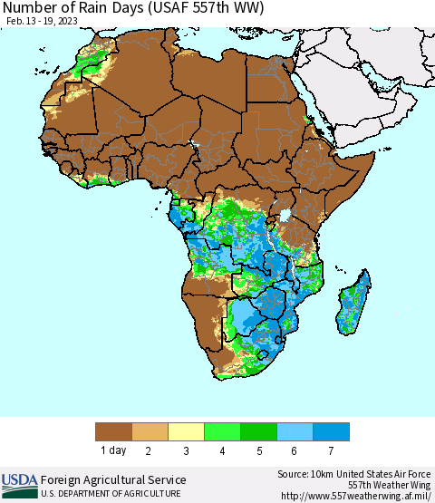 Africa Number of Rain Days (USAF 557th WW) Thematic Map For 2/13/2023 - 2/19/2023