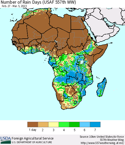 Africa Number of Rain Days (USAF 557th WW) Thematic Map For 2/27/2023 - 3/5/2023