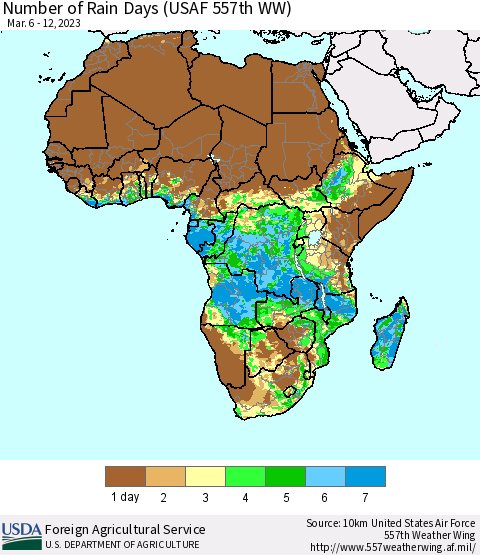 Africa Number of Rain Days (USAF 557th WW) Thematic Map For 3/6/2023 - 3/12/2023