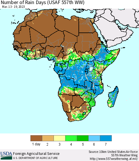 Africa Number of Rain Days (USAF 557th WW) Thematic Map For 3/13/2023 - 3/19/2023