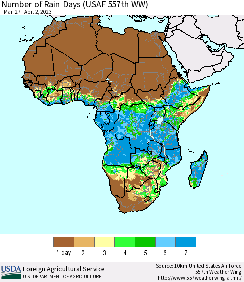 Africa Number of Rain Days (USAF 557th WW) Thematic Map For 3/27/2023 - 4/2/2023