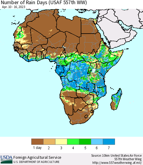 Africa Number of Rain Days (USAF 557th WW) Thematic Map For 4/10/2023 - 4/16/2023