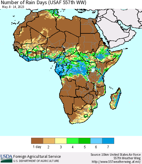 Africa Number of Rain Days (USAF 557th WW) Thematic Map For 5/8/2023 - 5/14/2023