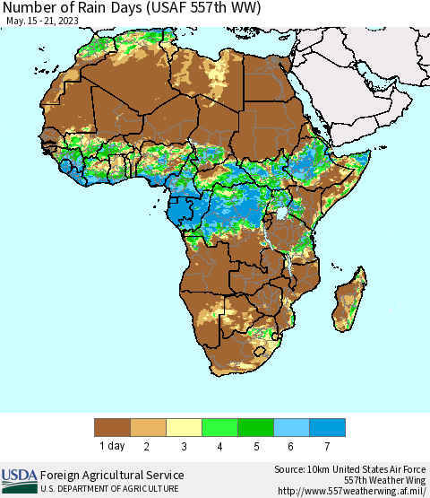 Africa Number of Rain Days (USAF 557th WW) Thematic Map For 5/15/2023 - 5/21/2023