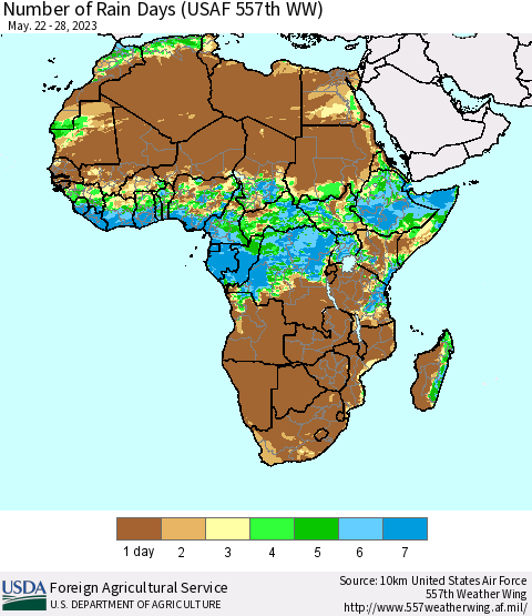 Africa Number of Rain Days (USAF 557th WW) Thematic Map For 5/22/2023 - 5/28/2023