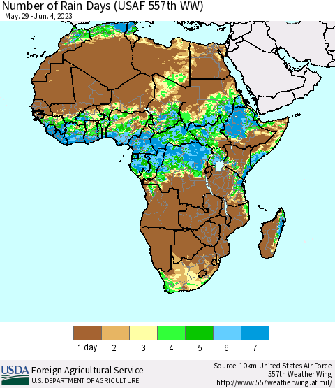 Africa Number of Rain Days (USAF 557th WW) Thematic Map For 5/29/2023 - 6/4/2023