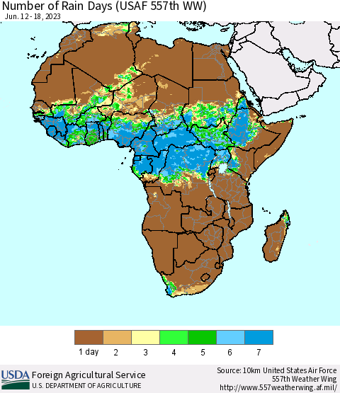 Africa Number of Rain Days (USAF 557th WW) Thematic Map For 6/12/2023 - 6/18/2023