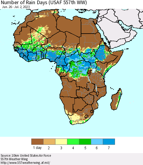 Africa Number of Rain Days (USAF 557th WW) Thematic Map For 6/26/2023 - 7/2/2023