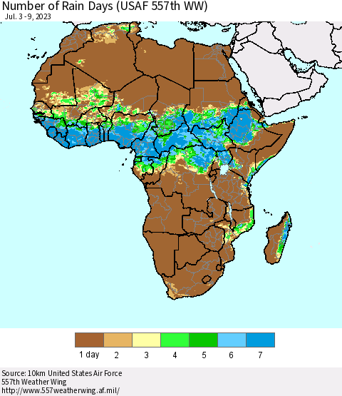 Africa Number of Rain Days (USAF 557th WW) Thematic Map For 7/3/2023 - 7/9/2023