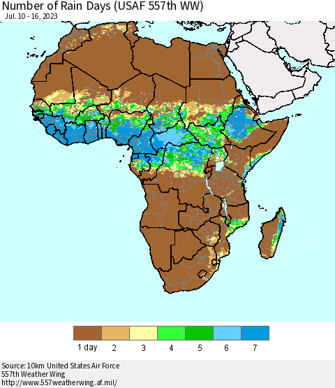 Africa Number of Rain Days (USAF 557th WW) Thematic Map For 7/10/2023 - 7/16/2023