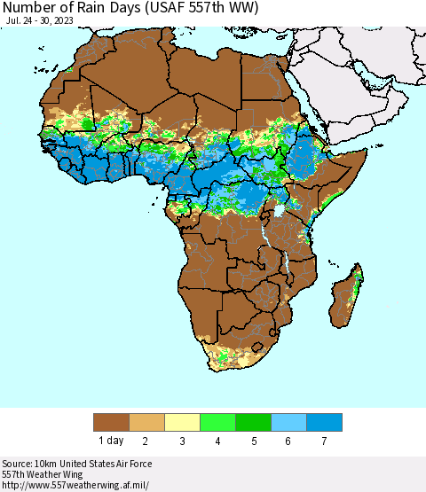 Africa Number of Rain Days (USAF 557th WW) Thematic Map For 7/24/2023 - 7/30/2023