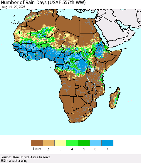 Africa Number of Rain Days (USAF 557th WW) Thematic Map For 8/14/2023 - 8/20/2023