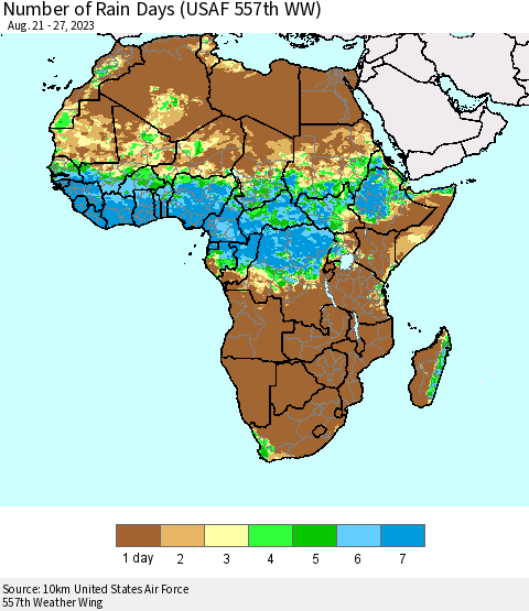 Africa Number of Rain Days (USAF 557th WW) Thematic Map For 8/21/2023 - 8/27/2023