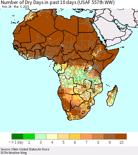 Africa Number of Dry Days in past 10 days (USAF 557th WW) Thematic Map For 3/1/2021 - 3/5/2021