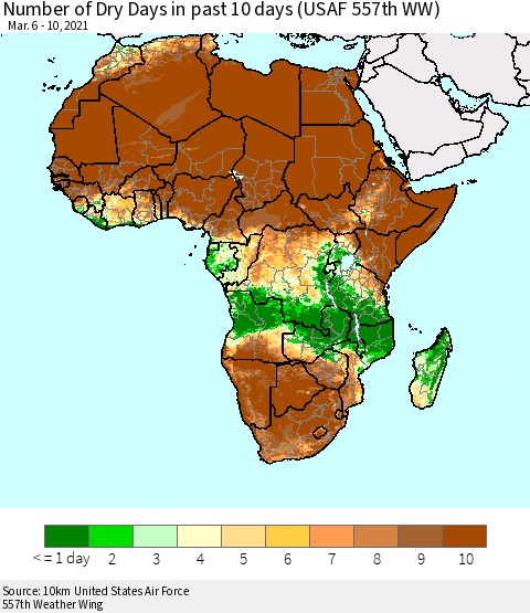 Africa Number of Dry Days in past 10 days (USAF 557th WW) Thematic Map For 3/6/2021 - 3/10/2021