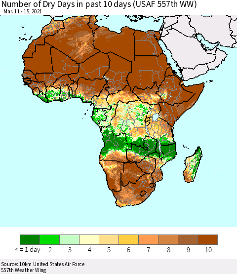 Africa Number of Dry Days in past 10 days (USAF 557th WW) Thematic Map For 3/11/2021 - 3/15/2021