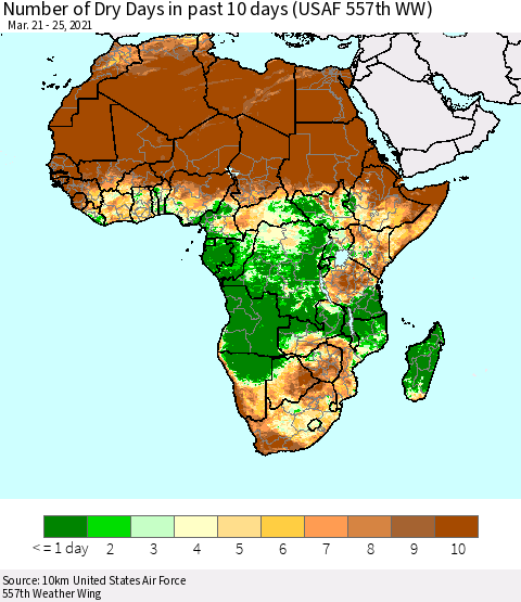 Africa Number of Dry Days in past 10 days (USAF 557th WW) Thematic Map For 3/21/2021 - 3/25/2021