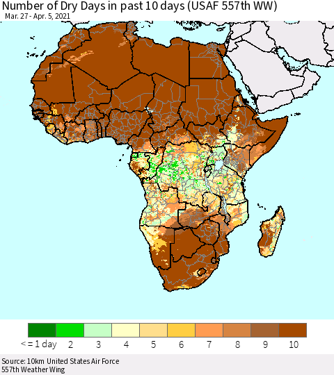 Africa Number of Dry Days in past 10 days (USAF 557th WW) Thematic Map For 4/1/2021 - 4/5/2021